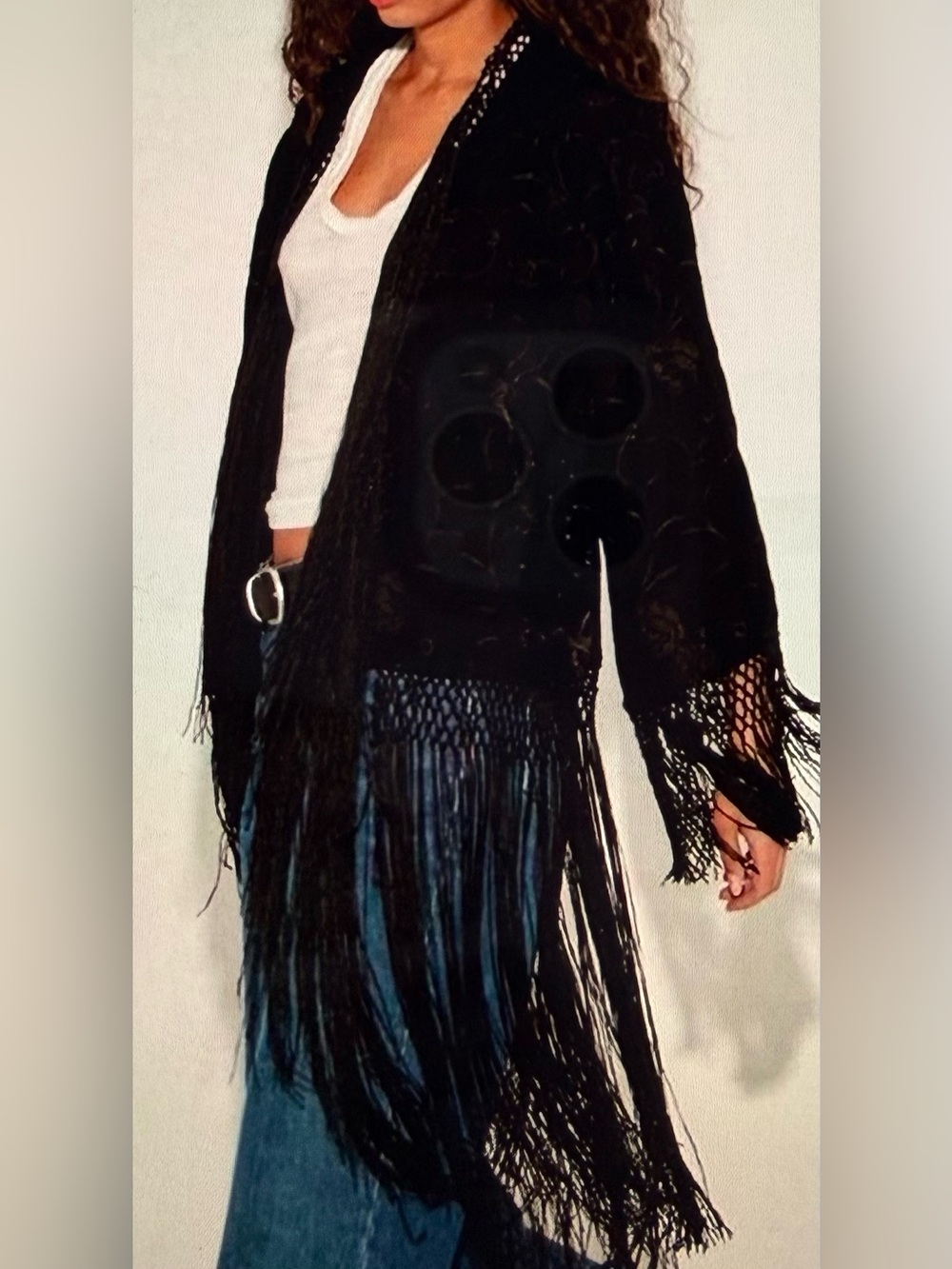 Free People Black Fringe Open-Front kimono